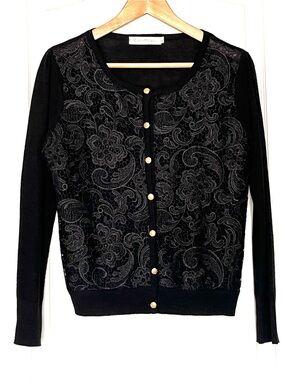 Wool Blend Guipure Lace Front Cardigan Gold Button Sweater L Whimsigoth Coquette